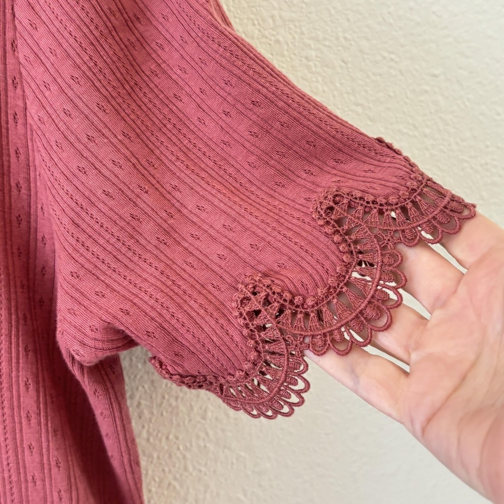 Sezane Crochet Puff Sleeve Tee Top Womens Size L Pink Jersey Feminine Boho - Picture 5 of 9